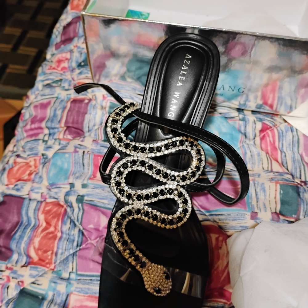 Azalea Wang Black Sandals with Rhinestone Snake